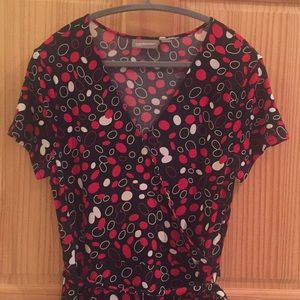 Black, Red & Cream print wrap front dress size M